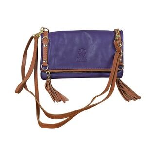 Vera Pelle Italy Purple Leather Foldover Crossbody Bag Tassel Clutch Boho